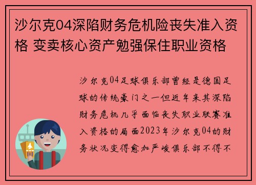 沙尔克04深陷财务危机险丧失准入资格 变卖核心资产勉强保住职业资格